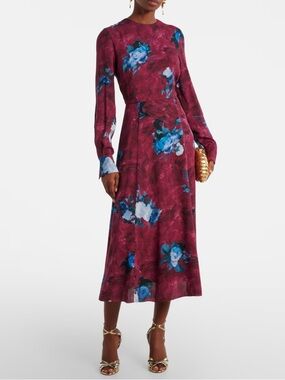 ERDEM Wine Red Floral Long-Sleeve Midi Dress